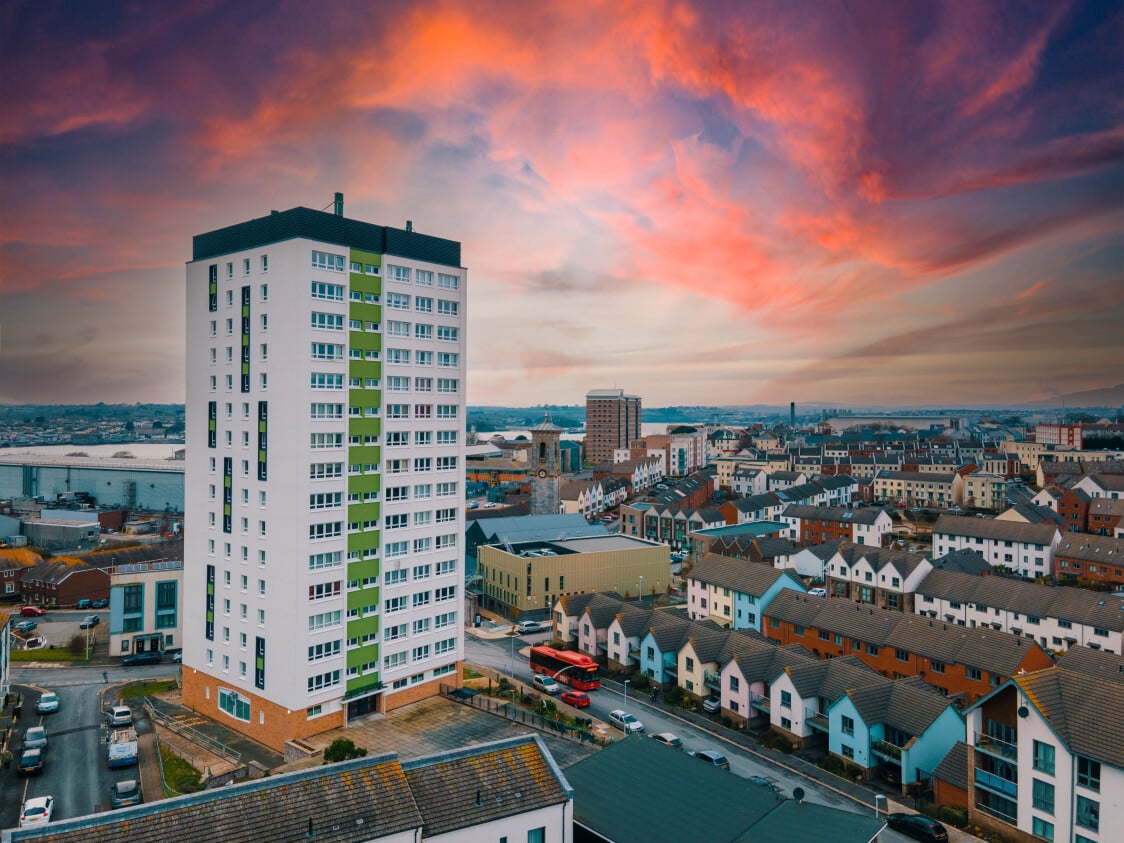 High rise building in Plymouth with sunset